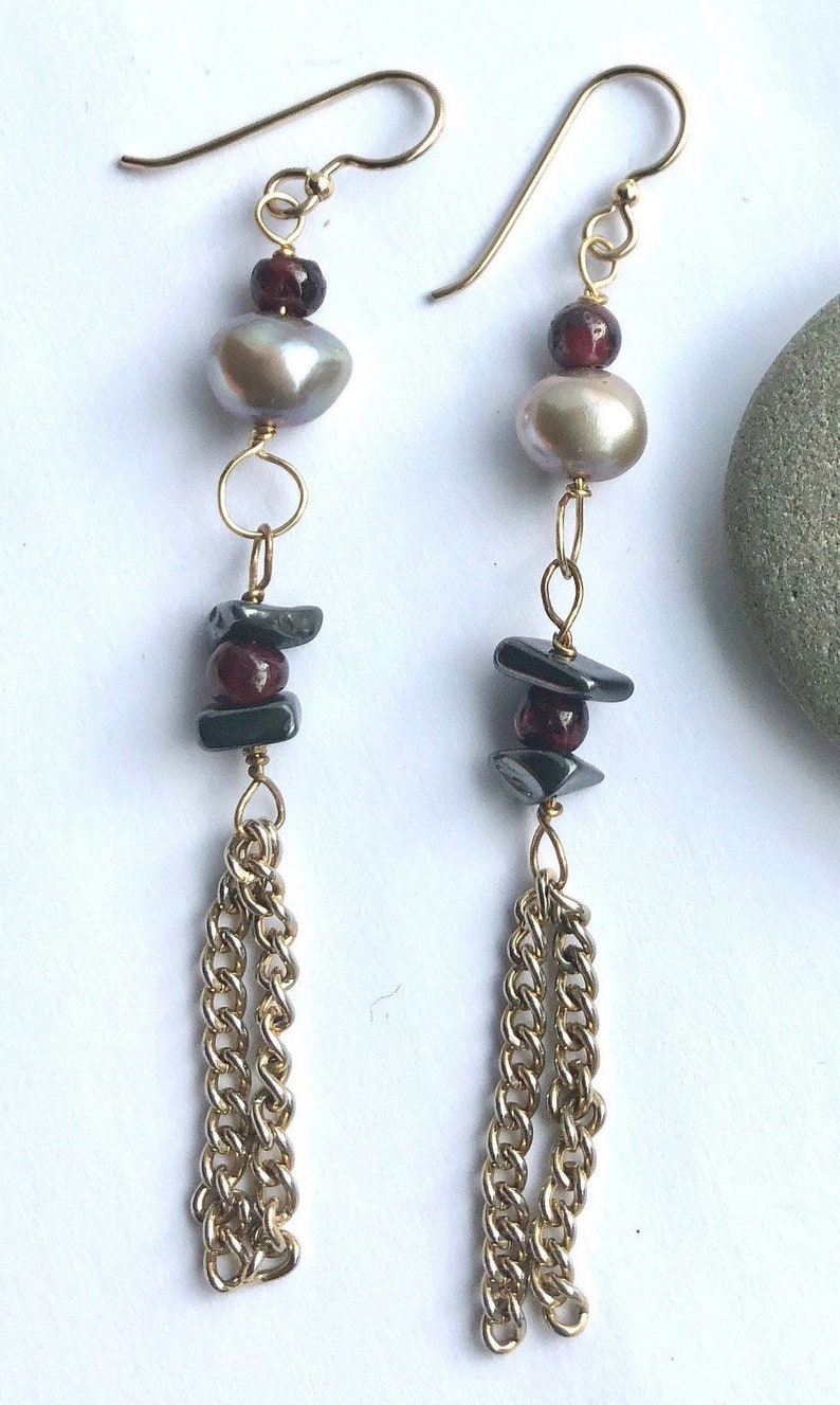 gemstone, gift for her Woman earrings valentines long dangle earings Stunning Garnets 14K Gold Pearls and Hematite
