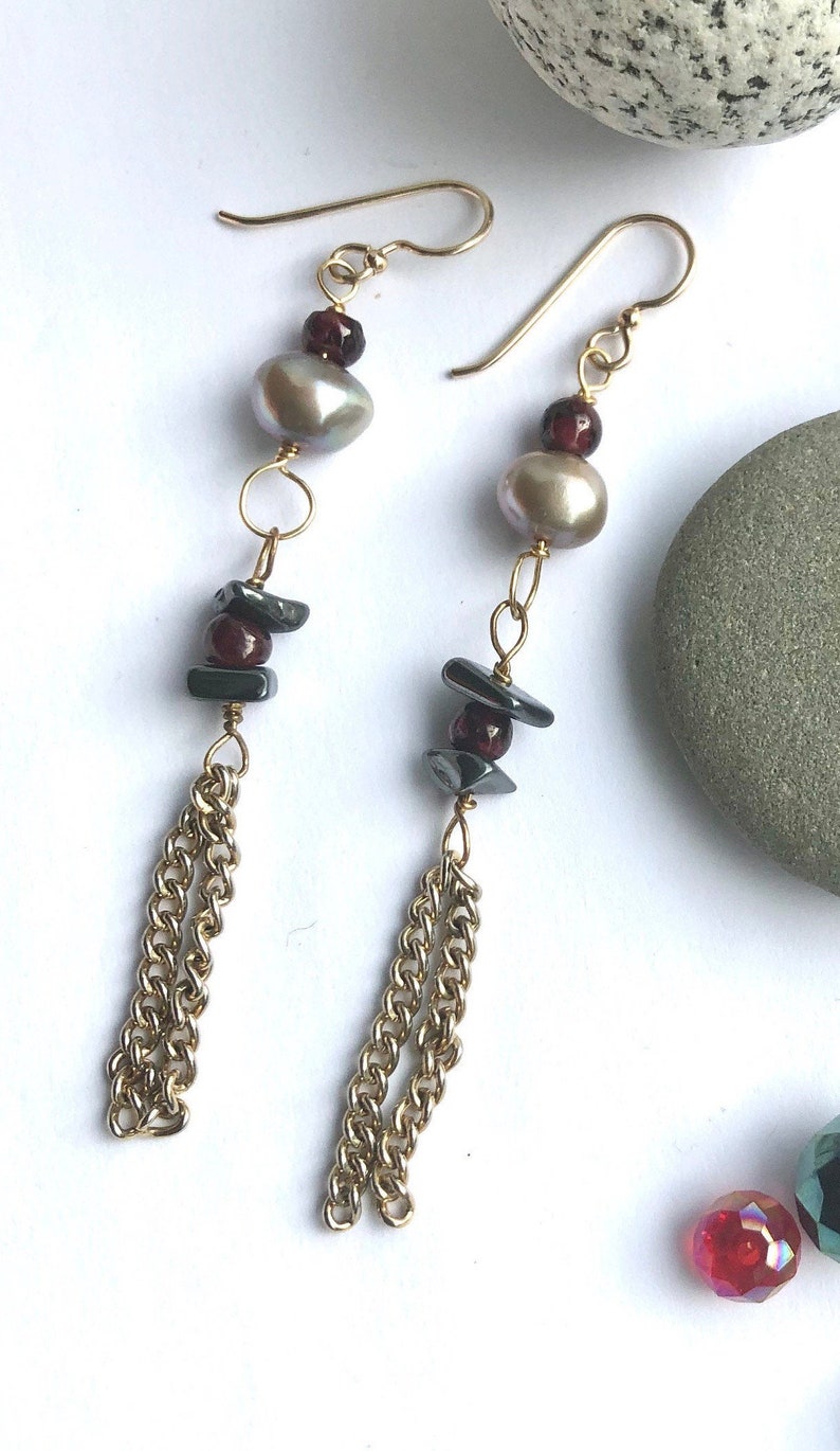gemstone, gift for her Woman earrings valentines long dangle earings Stunning Garnets 14K Gold Pearls and Hematite