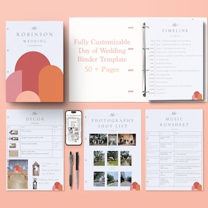 Puede incluir: Una plantilla de carpeta de boda con fondo blanco y un dise&ntilde;o abstracto en rosa, naranja y rojo. La carpeta incluye p&aacute;ginas para la l&iacute;nea de tiempo, la decoraci&oacute;n, la lista de fotos y la hoja de ruta musical. El texto "Plantilla de carpeta de boda totalmente personalizable 50+ p&aacute;ginas" est&aacute; impreso en la portada.