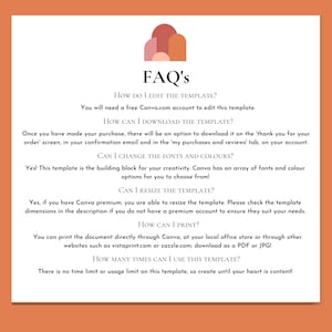 Puede incluir: Un documento digital de preguntas frecuentes con un fondo melocot&oacute;n y una forma abstracta marr&oacute;n, melocot&oacute;n y naranja en la parte superior. El texto "FAQ's" est&aacute; en una fuente grande y en negrita. El documento proporciona respuestas a preguntas frecuentes sobre la edici&oacute;n, descarga, cambio de tama&ntilde;o e impresi&oacute;n de una plantilla. El documento tambi&eacute;n indica que no hay l&iacute;mite de tiempo ni de uso para la plantilla.