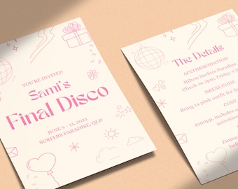 Final Disco Bachelorette Party Invitations and Itinerary Cards, A5 Fully Customizable Template, Edit on Canva, Last Disco Hens Invite