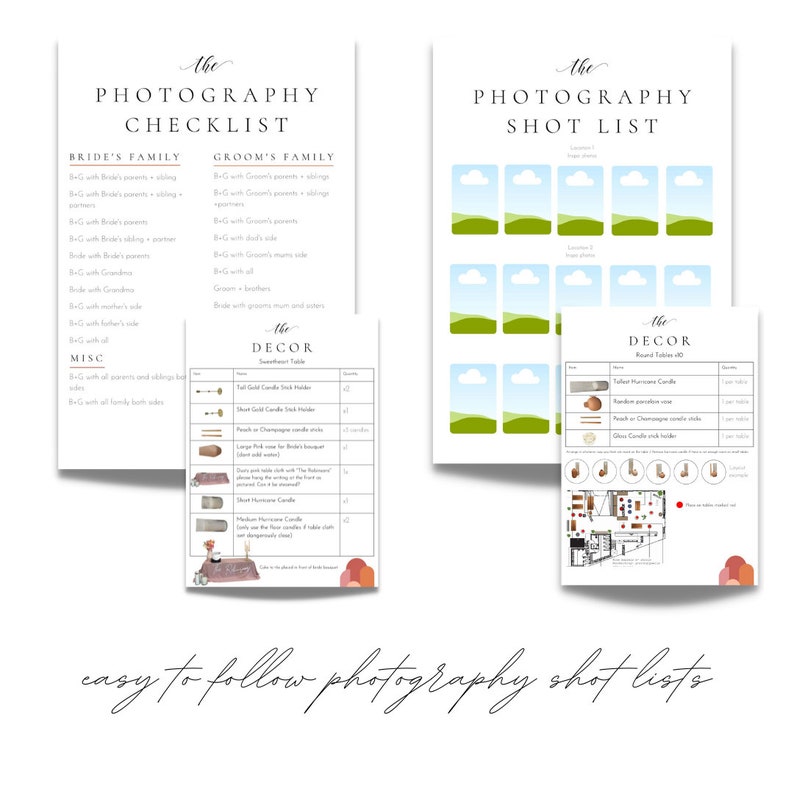 Puede incluir: Una lista de verificaci&oacute;n y una lista de tomas imprimibles para la fotograf&iacute;a de bodas. La lista de verificaci&oacute;n incluye la familia de la novia, la familia del novio y art&iacute;culos varios. La lista de tomas incluye una lista de art&iacute;culos de decoraci&oacute;n y un plano de planta con ubicaciones numeradas.
