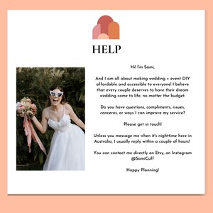 Puede incluir: Una mujer con gafas de sol y un vestido blanco sostiene un ramo de flores. El texto dice "HELP" y "&iexcl;Hola! Soy Sami, y me apasiona hacer bodas y eventos DIY asequibles y accesibles para todos! Creo que cada pareja merece tener su boda de ensue&ntilde;o, sin importar el presupuesto. &iquest;Tienes alguna pregunta, cumplido, problema, preocupaci&oacute;n o sugerencia para mejorar mi servicio? &iexcl;Ponte en contacto conmigo! A menos que me env&iacute;es un mensaje por la noche en Australia, suelo responder en un par de horas. Puedes contactarme directamente en Etsy o en Instagram @SamiCuff &iexcl;Feliz planificaci&oacute;n!"