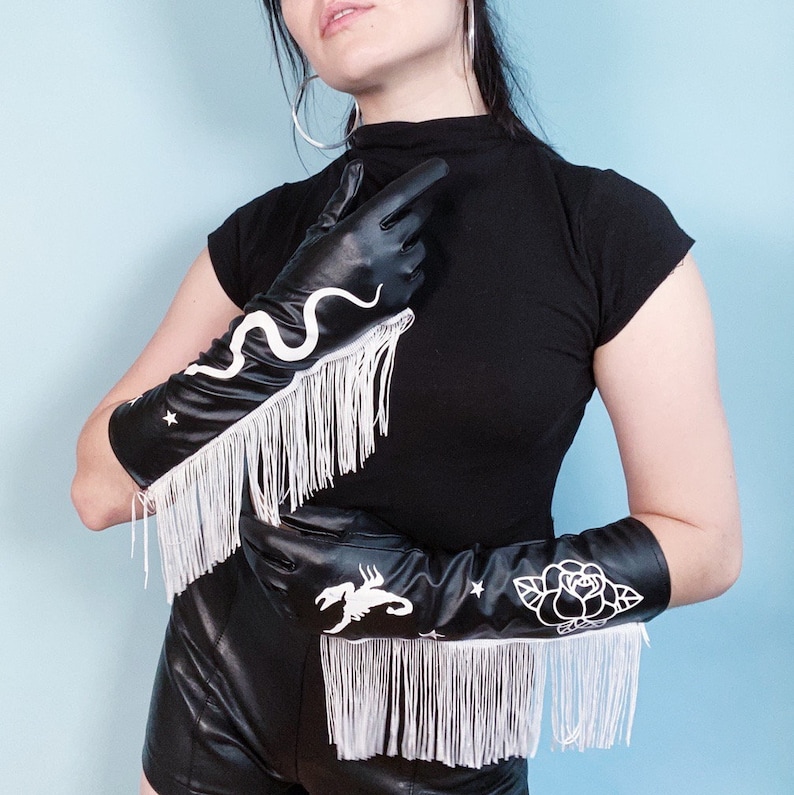 Vintage Western Wear Clothing, Outfit Ideas     Handmade Western Fringe Gloves Vegan $63.00 AT vintagedancer.com