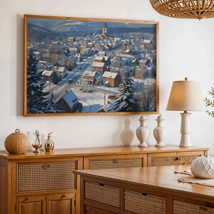 Impresión artística de pueblo invernal, arte mural con escena navideña festiva, decoración navideña para el hogar, impresión acogedora de pueblo invernal, regalo de temporada para Navidad.