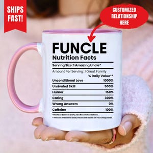Anpassad Funcle-mugg, rolig farbror-present, näringsfaktamugg, personlig relationsmugg, cool farbror-present, familjepresent, skämtkaffemugg
