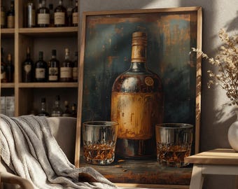 Whiskey Lover Gift Framed Canvas Wall Art: Rustic Vintage Bar Scene - Matte Canvas, Ready To Hang, Home Bar Decor