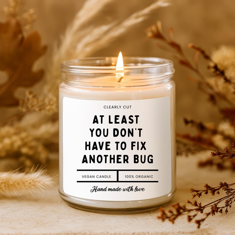 Peut inclure: Une bougie en pot de verre transparent avec une m&egrave;che allum&eacute;e et une &eacute;tiquette blanche portant le texte noir : CLEARLY CUT, AT LEAST YOU DON'T HAVE TO FIX ANOTHER BUG, VEGAN CANDLE, 100% ORGANIC, et Hand made with love. La cire est blanc cass&eacute;.