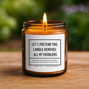 Könnte beinhalten: Eine brennende Kerze in einem bernsteinfarbenen Glasgefäß mit einem weißen rechteckigen Etikett. Das Etikett trägt den schwarzen Text: LET'S PRETEND THIS CANDLE REMOVES ALL MY PROBLEMS, 100% filled with notes of denial, deep breathing & pretending everything is fine.