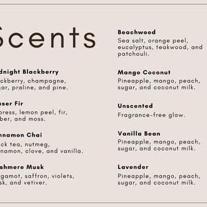 Peut inclure: Un tableau informatif beige clair intitul&eacute; Scents en texte brun fonc&eacute;. Il &eacute;num&egrave;re des profils de parfums incluant Beachwood, Midnight Blackberry, Fraser Fir, Cinnamon Chai, Cashmere Musk, Mango Coconut, Unscented, Vanilla Bean et Lavender.