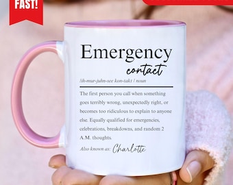 Tazza con contatto di emergenza, regalo divertente per la migliore amica, tazza di emergenza personalizzata, tazza da caffè per la migliore amica, regalo divertente per l'amicizia, tazza con nome personalizzato