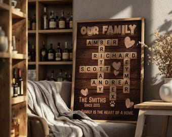 Family Name Wall Art Framed Canvas: Personalized Scrabble Puzzle Design, Cozy Wood Style (FSC Certified Frame, Gift for Parents)
