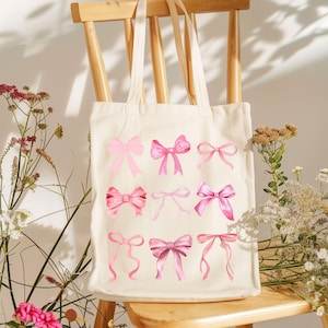 Ribbon Bow Tote Bag, Bachelorette Bridesmaid Gift, Girly Pink Coquette Aesthetic Tote Bag, Feminine Tote Bag, Cute Tote Bag, Trendy Bag