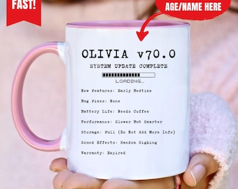 Custom Name & Age Mug with Loading Bar, Funny 70th Birthday Mug, System Update Mug, Personalized Age Coffee Mug, 70th 80th Birthday Gift