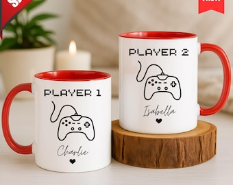 Aangepaste gamer-koffiemok: schattig gaming-paar ontwerp gamer-paar mok, mok speler 1 of speler 2, bijpassende gaming-mok, retro game-mok, propcadeau