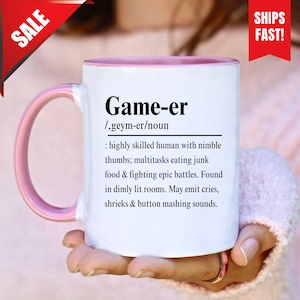 Gift For Video Gamer Mug: Bright Accent Handle - Funny Gamer Coffee Cup, Ceramic, Dishwasher & Microwave Safe