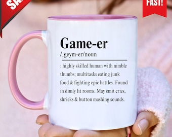 Gift For Video Gamer Mug: Bright Accent Handle - Funny Gamer Coffee Cup, Ceramic, Dishwasher & Microwave Safe