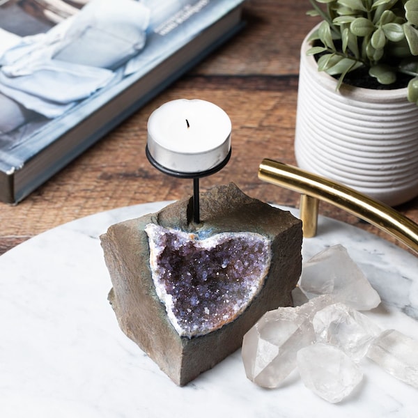 Artisansmx Natural Amethyst Home Decor Candle Holder Amethyst Stone Homemade (Black)