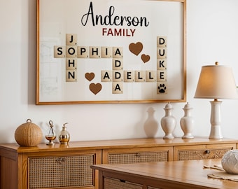 Custom Family Name Canvas Sign Wall Art, Scrabble Puzzle Style, Vivid Colors (Multiple Sizes, Eco Friendly Materials)