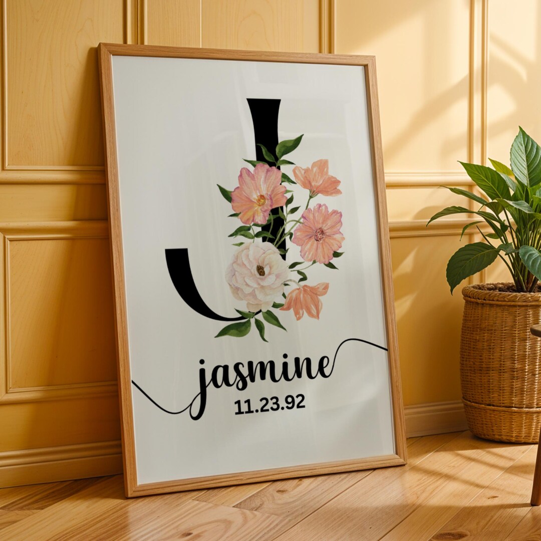 Personalized Name Wall Art, Custom Botanical Canvas Print, Floral Home ...