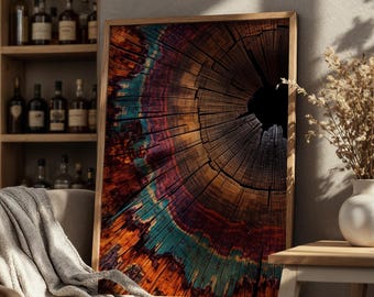 Tree Ring Framed Wall Art Gift: Colorful Abstract Canvas, Rustic Wood Frame (Multiple Sizes, Autumn Decor, Nature Lover Present)