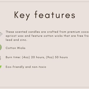 Peut inclure: Un graphique informatif intitul&eacute; Key features d&eacute;taillant des bougies parfum&eacute;es en cire de coco-abricot avec des m&egrave;ches en coton sans plomb. Il indique des dur&eacute;es de combustion de 20 heures pour 113g et 50 heures pour 255g, pr&eacute;cisant leur nature non toxique.