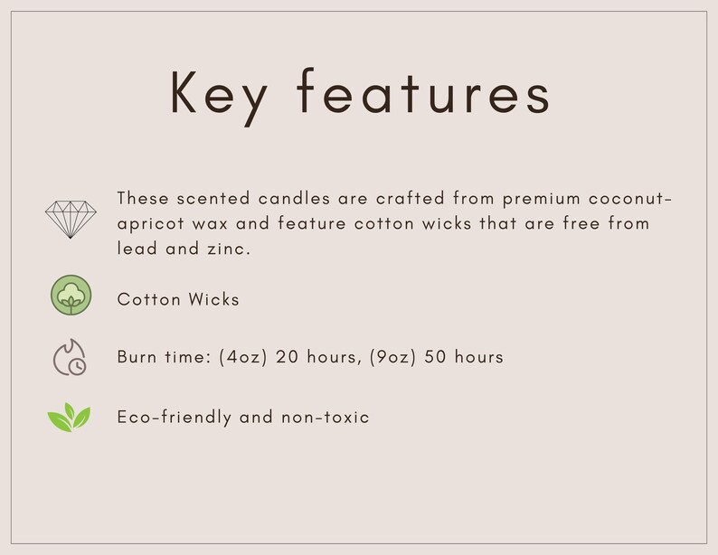 Peut inclure: Un graphique informatif intitul&eacute; Key features d&eacute;taillant des bougies parfum&eacute;es en cire de coco-abricot avec des m&egrave;ches en coton sans plomb. Il indique des dur&eacute;es de combustion de 20 heures pour 113g et 50 heures pour 255g, pr&eacute;cisant leur nature non toxique.