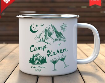 Lake Tahoe Camping Mug: Personalized Mountain Illustration, Enamel Steel, Durable Outdoor Travel Cup, 12oz, Hand Wash Only