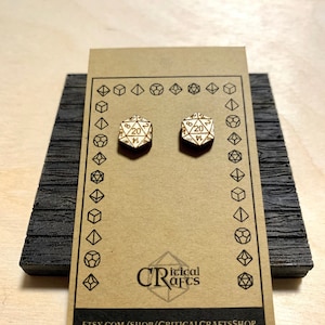 D20 birch wood laser cut and engraved earring studs