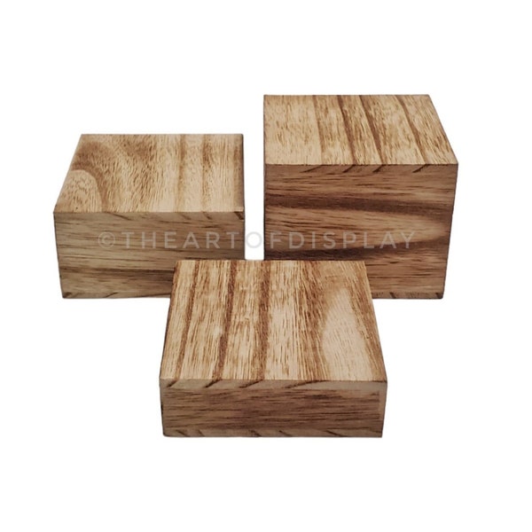 Set of 3 Oak Wooden Risers, Square Block Natural, Jewelry Pedestal Display, Product Riser Platforms Set, Wood Decor Figures