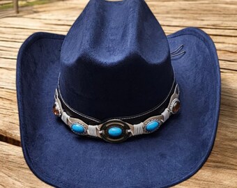 3877 Suede Denim Cowboy Hat- Wide Brim Blue Cowgirl Hat With Chinstrap Wotfim Suede Denim Cowboy Hat for Women Man Wide Brim Cowboy  main image 2