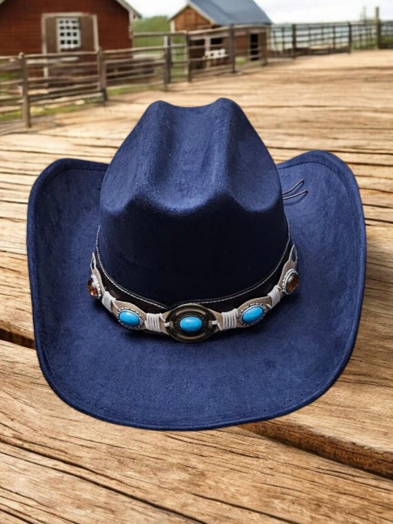 Navy Blue Faux Suede Cowboy Hat, Unisex Concert Fedora - Etsy display picture 3