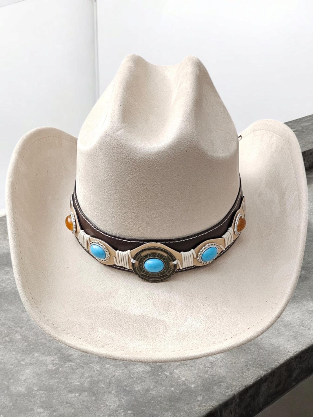 Beige Ivory Faux Suede Cowboy Hat, Cowgirl Hat Fedora  display picture 1