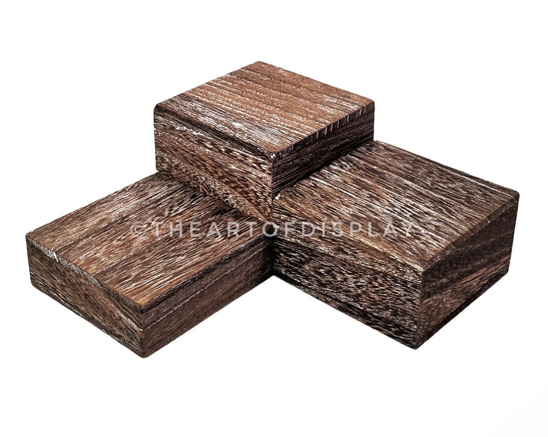 Set of 3 Dark Wooden Risers, Square Block Natural, Jewelry Pedestal ...
