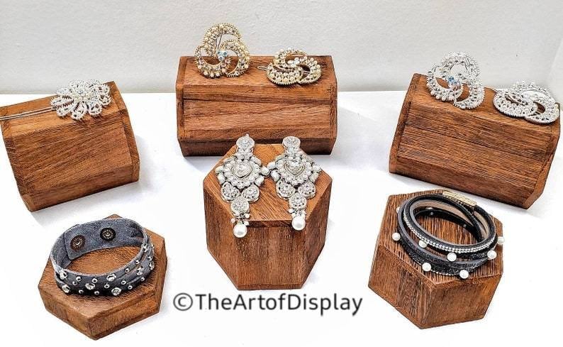 Set of 6 Large Brown Wooden Risers Block Natural Wood, Jewelry Pedestal ...