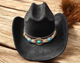 Black Faux Suede Cowboy Hat, Unisex Festival Hat