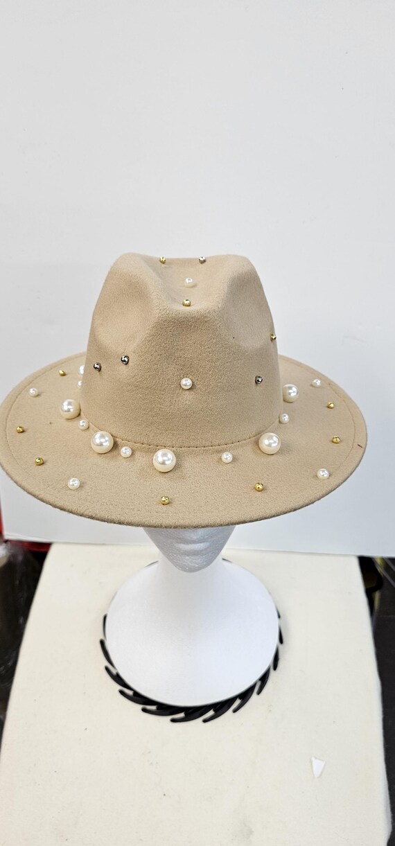 White Pearl-Embellished Fedora Hat Pearls-embellished Straw Fedora Hat • Ruslan Baginskiy Hats  main image 2