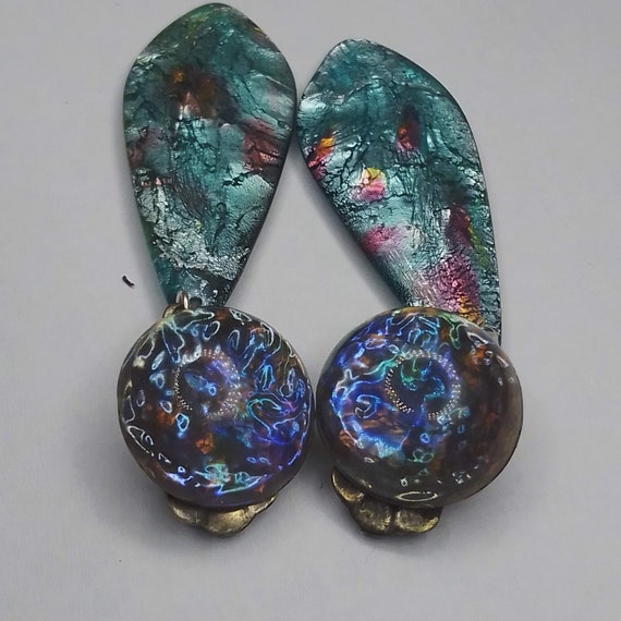 Beautiful ANTIQUE EARRINGS Goutte Emaillé multico… - image 1