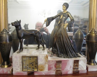 Art deco fireplace insert signed G. GORI - "the woman with the mastiff" & her 2 Cassolettes