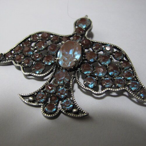 Broche étoile Ancienne En Laiton - Cristal Saphiret Et Strass - Style Vintage