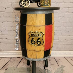 SoLD EXaMpLe of WoRK - Route 66 Barrel Table End Table Leather Metal Road signs