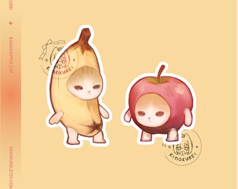 Pegatinas de vinilo de gato con plátano y manzana