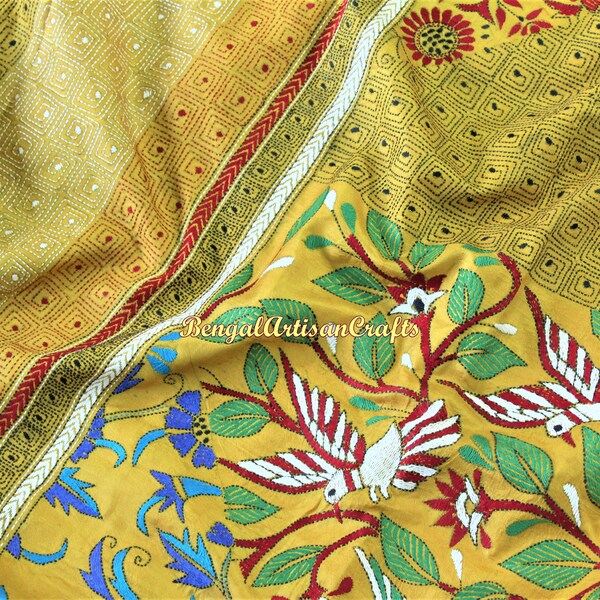 Designer Kantha Stitch Saree | Kantha Saree In Silk | Unique Nakshi Kantha Saree | Hand Embroidered Saree | FREE Fall-Edging