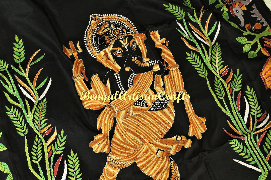 Orange - Bengal Kantha Hand Embroidery Silk Cotton Chapa Work Saree 13