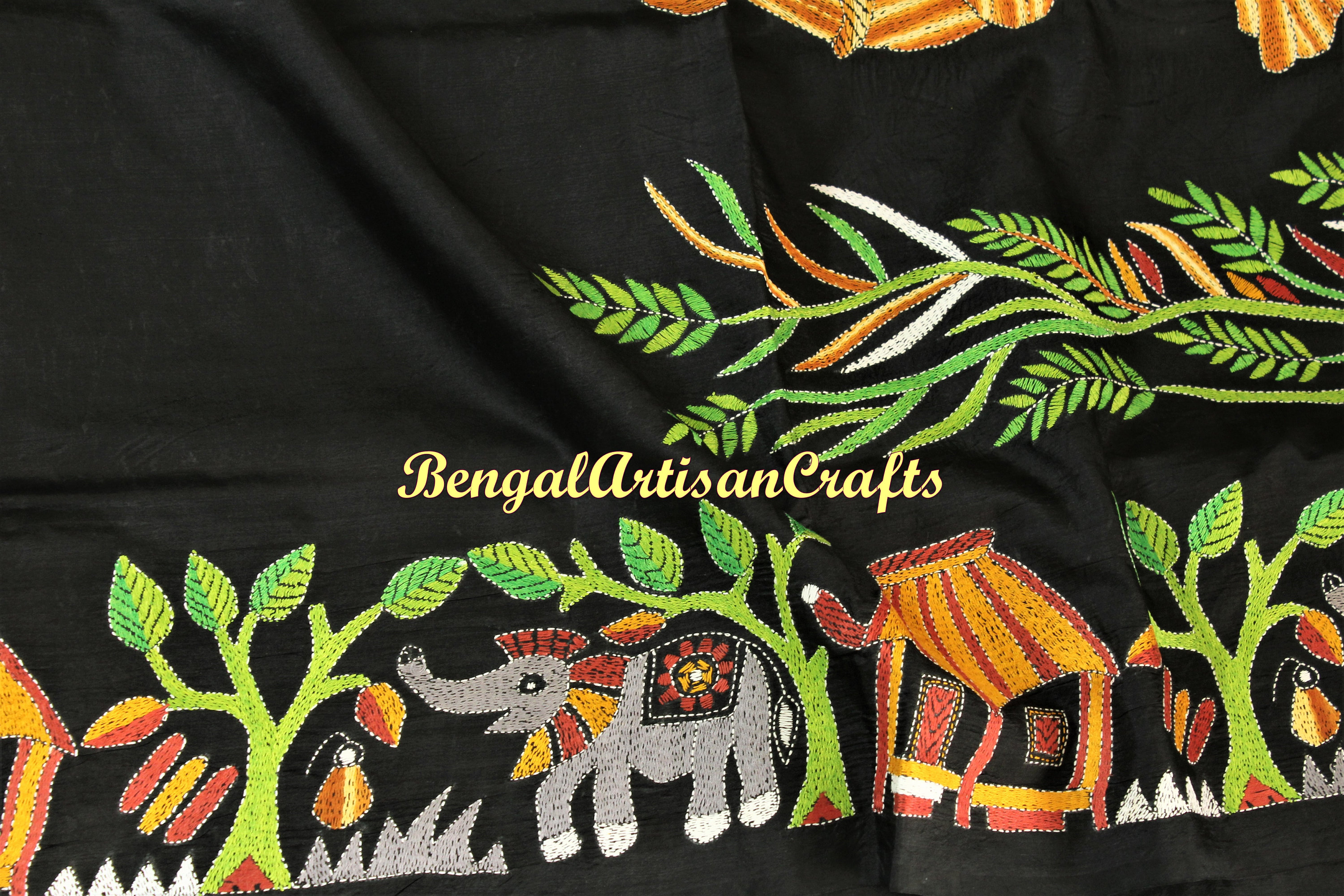 Pink - Bengal Kantha Hand Embroidery Silk Cotton Chapa Work Saree 08