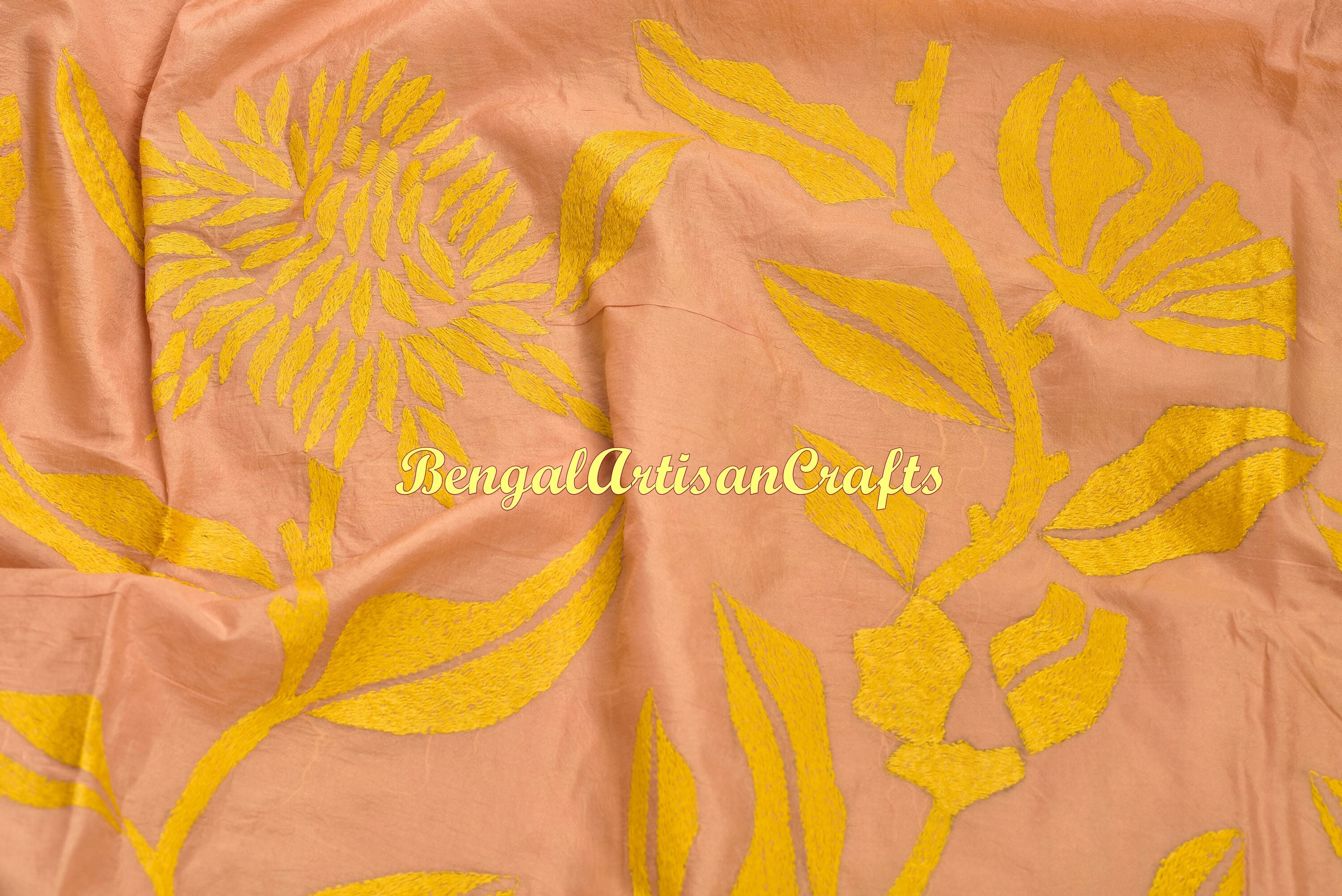 Beige - Bengal Kantha Hand Embroidery Silk Cotton Chapa Work Saree 35