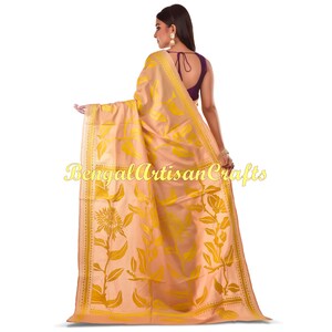 Beige - Bengal Kantha Hand Embroidery Silk Cotton Chapa Work Saree 09