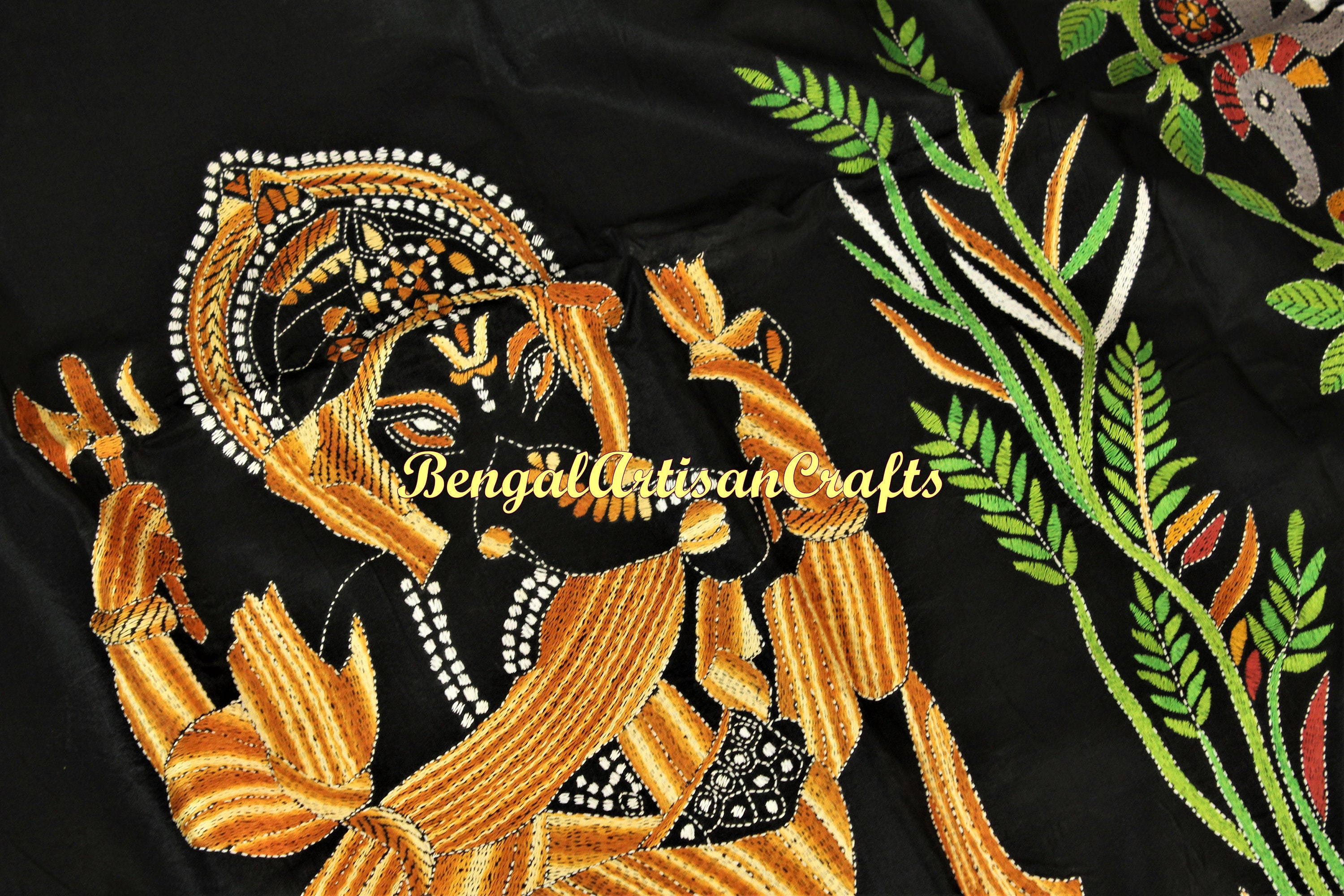 Kantha embroidered Handloom Half-and-Half Saree with Ikat inspired Indie Print in pleats