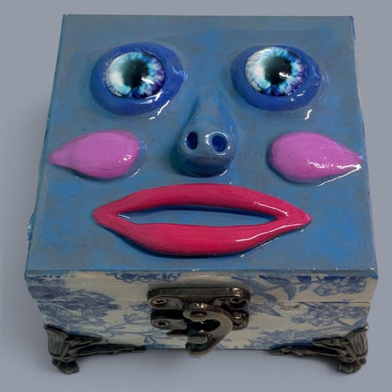 Quirky Face Trinket Box Handmade Sculpted Clay Jewelry Keepsake Funny Weird Unique Gift For Her Oddities Decor