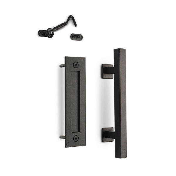 12" Square Sliding Barn Door Pull Handle with Flush Plate & Privacy Latch | Matte Black Contemporary Hardware Kit